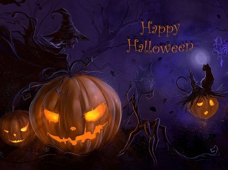 Happy Halloween - halloween, pumpkins, glowing, spooky, witch