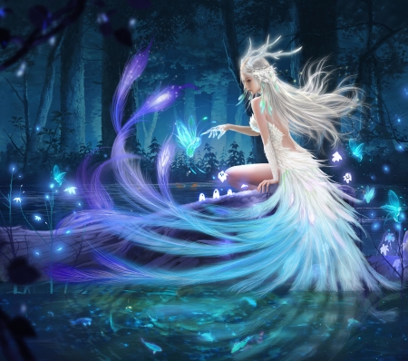 Fantasy girl - blue, hyj, chen shuai, girl, forest, cs0712, superb, frumusete, white, gorgeous, fairy, luminos