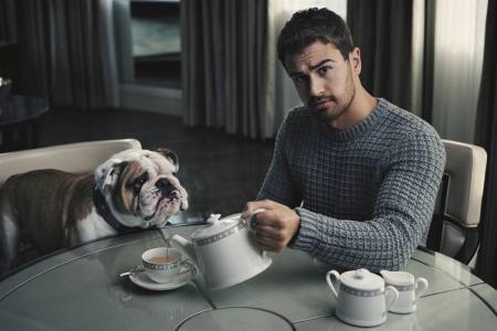 Theo James - dog, tea, morning, man, Theo James, cup, actor, funny, caine