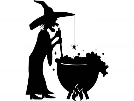 Witch - witch, pot, black, white, halloween, silhouette, vector, card