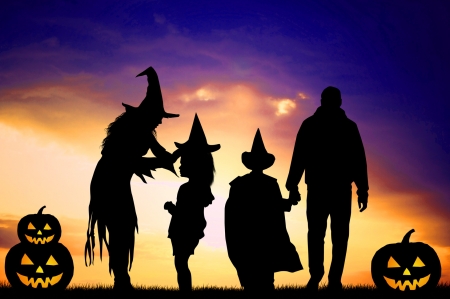 Halloween - black, halloween, silhouette, children, orange, pumpkin, family