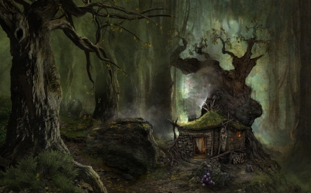 fantasy art works - house, mist, rocks, stones, trees