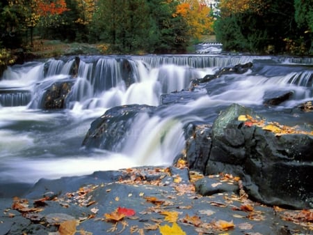 Fall Waterfall - fall, waterfall, autumn, cascading, leaves