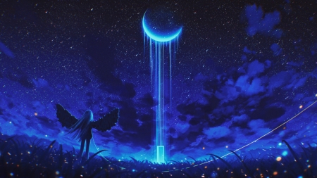 Secret door - wings, blue, secret door, miloe cute, girl, angel, moon, fantasy, luna, luminos, sky, silhouette