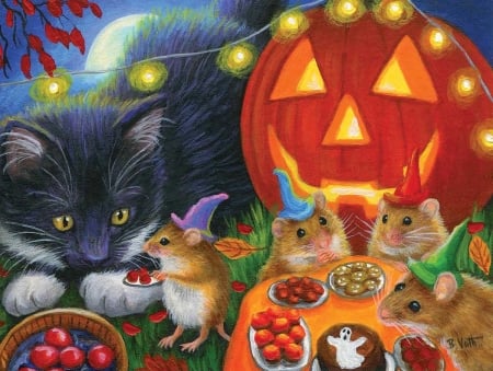 Halloween - mouse, pumpkin, orange, cat, pictura, kitten, painting, pisici, halloween, art