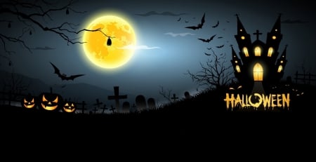 Halloween - moon, house, bat, yellow, silhouette, night, black, halloween, card, luna