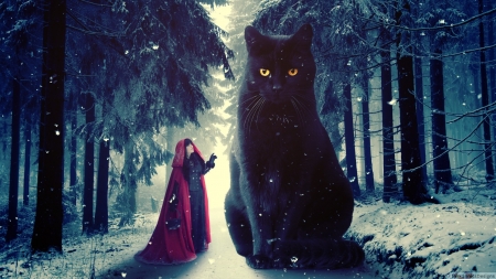 Red Riding Hood and the Big Black Cat - winter, black, cat, girl, creative, fantasy, red riding hood, pisici, giant, forest