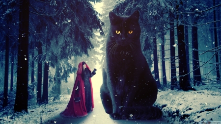 Red Riding Hood and the Big Black Cat - winter, girl, forest, creative, cat, black, giant, fantasy, red riding hood, pisici