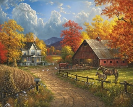 The farm - abraham hunter, horse, pictura, toamna, autumn, painting, country, farm, art