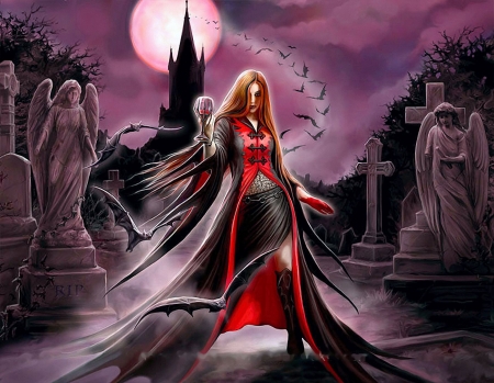 Blood Moon - angels, bats, castle, girl, halloween, night