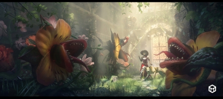 Carnivorous - daydaypainting studio, carnivorous, fantasy, garden, girl, flower, luminos