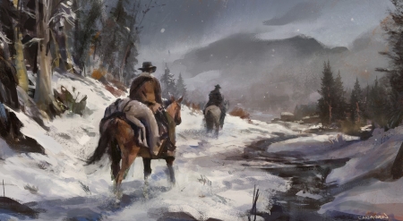 On the Winter Trail - brown, cowboys, grey, horses, mountains, painting, sky, snow, storm, trail, trees, white