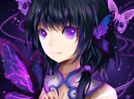 Lovely Anime Original - Sweet, Purple, Collar, Butterflies, Pretty, Lovely, Anime, Blue, Eyes, Magical, Pink, Braid