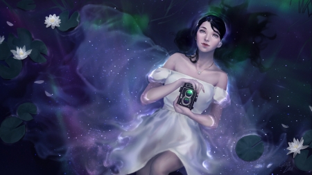 Stars dance - night, girl, summer, view from the top, star, fantasy, camera, grace zhu, luminos, water, vara
