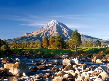 nz mountain - farmland, river, snow, stones, trees