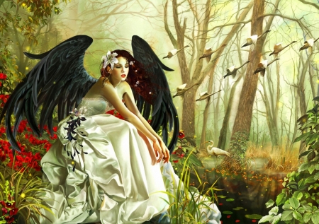 Swan Song - trees, swans, digital, wings, girl, angel, art