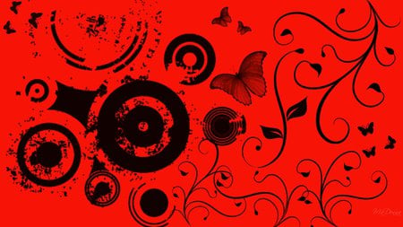 Butterflies and More - widescreen, abstract, black, vines, red, butterflies, vector