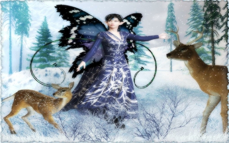 christmas fairy - fairy, deer, christmas, snow