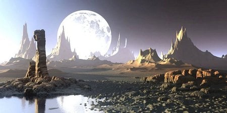 Worlds - moon, water, rocky terrain, strange digital world