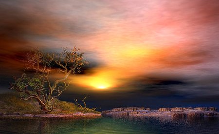 Edge of the land - sky, landscape, digital art, tree, sea