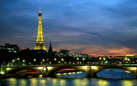 EIFFEL AT NIGHT - nigh, image, tower, view, postcard, river, photograph, bridge, eiffel tower, night, wallpaper, paris, picture, wall, phototgraphy, photo, lights