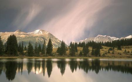 PINE TREES AT RIVERBANK - trees, reflection, mountain, river, pine, winter