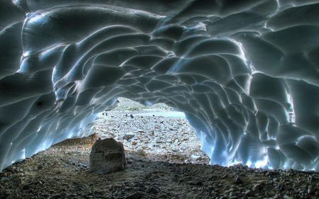 View from a Glacier Cave - reflections, cave, frozen, winter, view, rock, glaciar