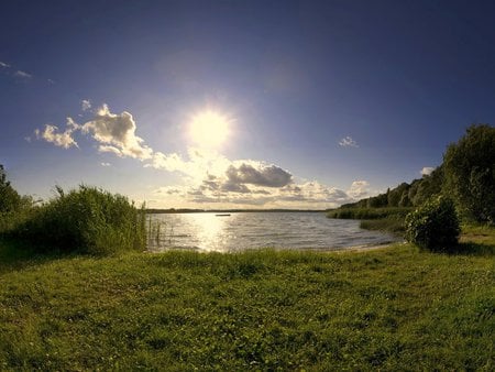 A Place at the Sun - trees, photography, landscape, sea, light, grasslands, nature, lakes, sun, sky