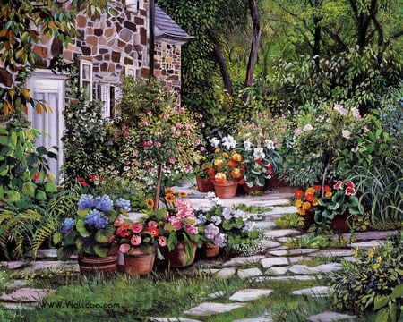 Visiting - flowers, stone, trees, garden, art, cottage, paths