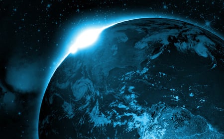 Earth From Space - space, blue light, horizon, planet, galaxie, earth, stars