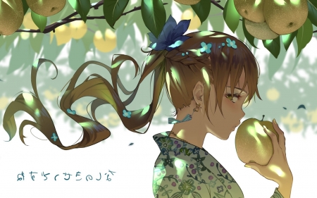 Girl with Apple - girl, anime, apple, tree