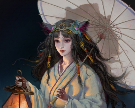 Cat girl - ears, klchen, umbrella, kl chen, parasol, gorgeous, art, luminos, girl, kimono, lantern, cat, superb, frumusete, fantasy, pisici, asian