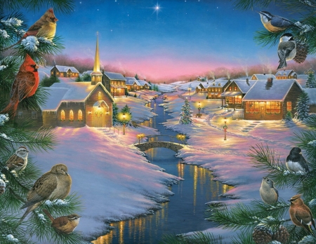 christmas time - birds, pinetrees, lights, snow, houses, church, stars