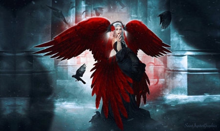 Red Raven Fantasy Girl - wings, fantasy, Magical, fantasy girl, red, Raven
