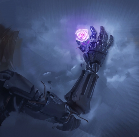 The beauty of a rose - blue, robot, art, hand, rose, pink, fantasy, jesse chan, flower, cyber, luminos