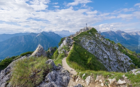 Mountains - cross, path, clouds, peak, mountains