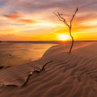 Sunset over Baixa Grande, in the middle of Lençóis Maranhenses National Park, Brazil