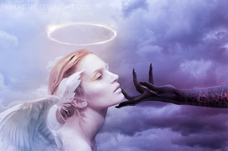 Good v Bad - blue, wings, white, ashurii art, frumusete, gorgeous, girl, angel, hand, demon, purple, superb, pink, fantasy, luminos, ashley smith