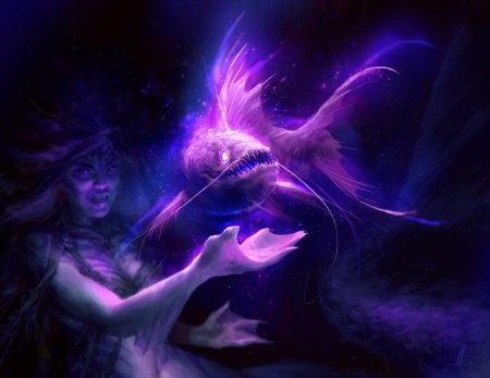Deepwitch familiar - blue, mermaid, andrew mar, deep, girl, witch, purple, pink, fantasy, fish, luminos, familiar