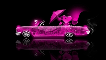 Love car - fantasy, umbrella, heart, car, tony kokhan, valentine, pink