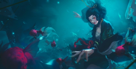 Underwater - blue, jinhao hu, girl, hand, dark, fantasy, pesti, underwater, luminos, fish