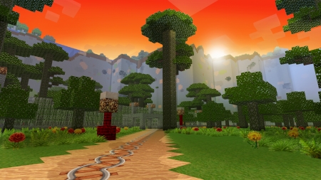 Rails Through the Forest in RealmCraft Free Minecraft Style Game - fun, sandbox, mobile games, realmcraft, free, free minecraft, action, adventure, art, 3d building games, minecraft, minecrafters, pixel, game, playgames, pixel games, pixel art, open world game, 3d, games, gaming, building