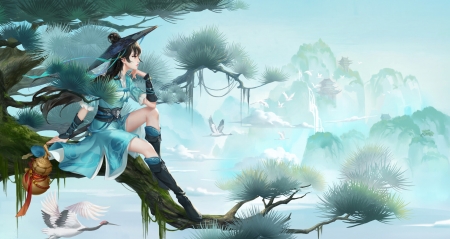 Cranes - frumusete, cranes, bird, ltmart, gorgeous, girl, crane, tree, superb, fantasy, luminos, ltm, pasari