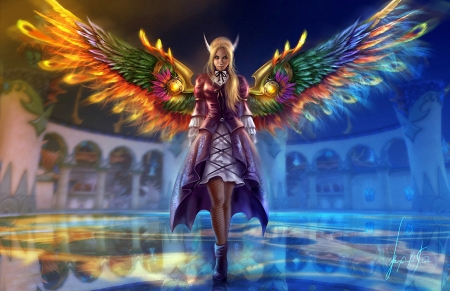 Fantasy Angel - digital, wings, girl, colors, art, castle