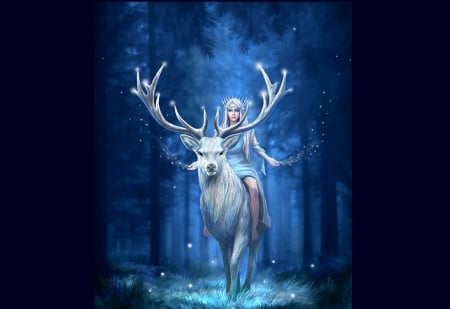 Fantasy Forest - trees, deer, digital, twilight, girl, art