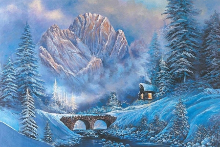 Winter - art, blue, cottage, iarna, mountain, painting, pictura, winter