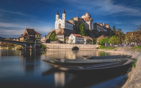 Aarburg Castle in Switzerland - boats, river, Switzerland, church, castle