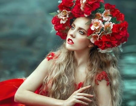 Red Crown - all things red, women are special, etheral women, flower crown wreath, facing beauty, female trendsetters, photo album