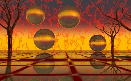 Balls and Trees - abstract, trees, balls, digital art, orange