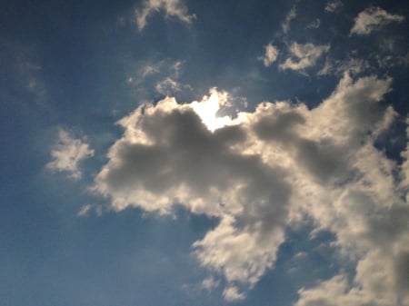 Sun peaking out behind clouds - clouds, sunny, blue, sky